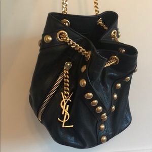YSL gold studded black bucket bag 🤩
